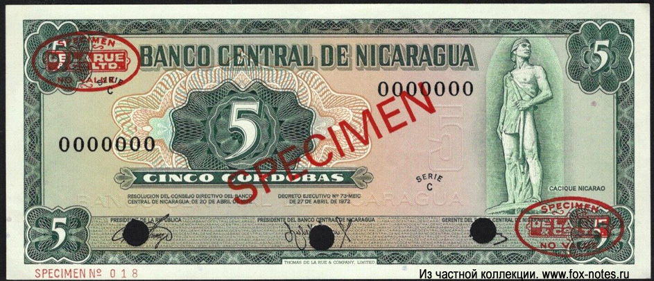 Banco central de Nicaragua 5 cordobas 1972 SPECIMEN