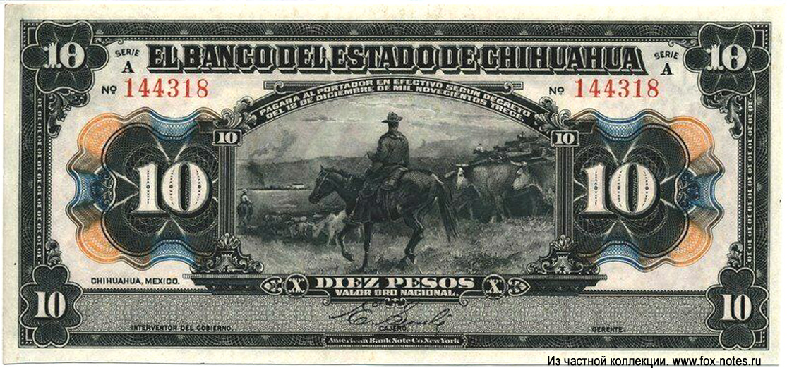 Banco de Estado de Chihuahua 10 Pesos 1913