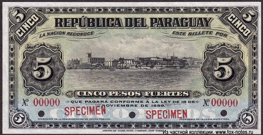 República del Paraguay. 5 Pesos 1899.SPECIMEN