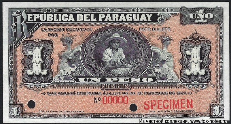 República del Paraguay. 1 Peso 1907.SPECIMEN