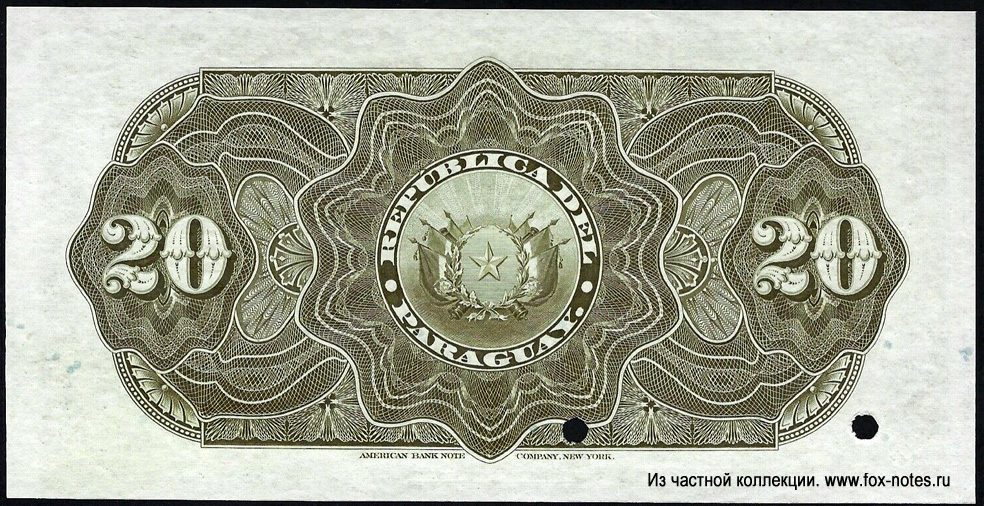 República del Paraguay. 20 Pesos 1907.SPECIMEN