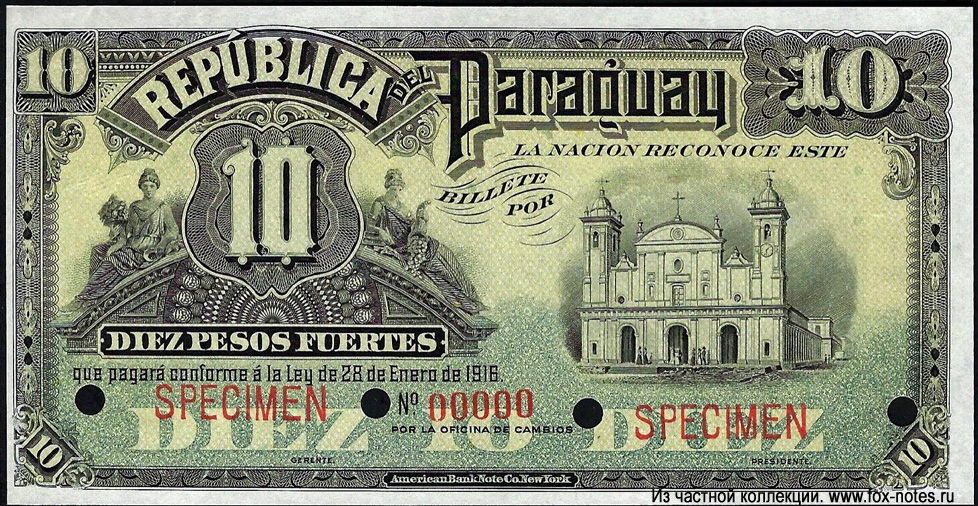 República del Paraguay. 10 Pesos 1916.SPECIMEN