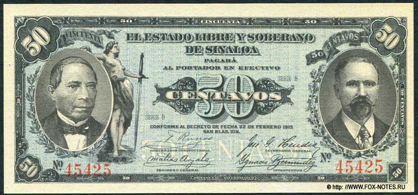 El Estado Libre y Soberano de Sinaloa 50 Centavos 1915