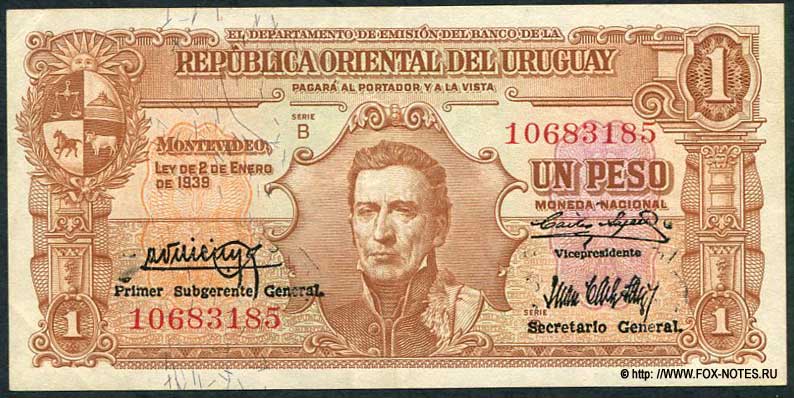 Departamento de Emisión del Banco de la República Oriental del Uruguay 1 Peso 1939