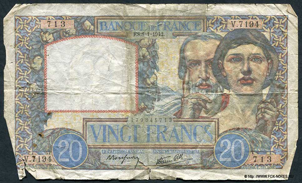  Banque de France 20  1942 "Travail et Science"