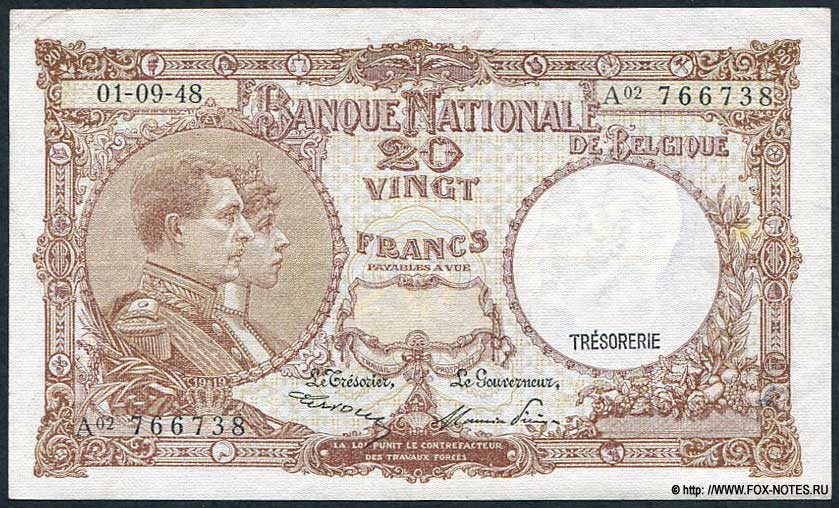 Billet Banque Nationale de Belgique 20 Francs. 1948
