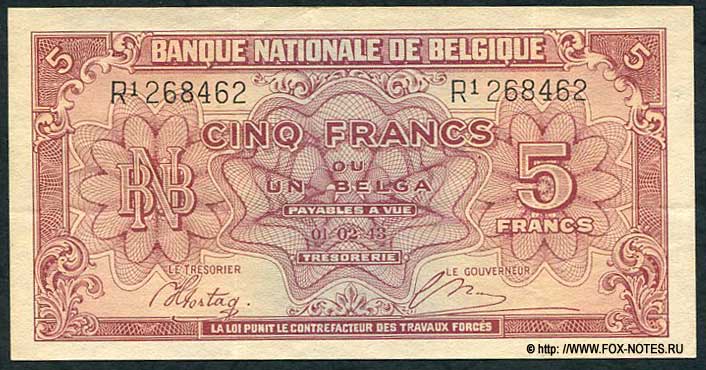 Billet Banque Nationale de Belgique 5 Francs ou 1 Belga. 1943.