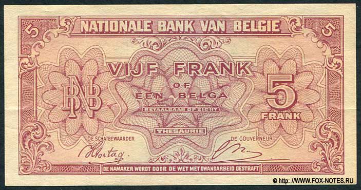 Billet Banque Nationale de Belgique 5 Francs ou 1 Belga. 1943.
