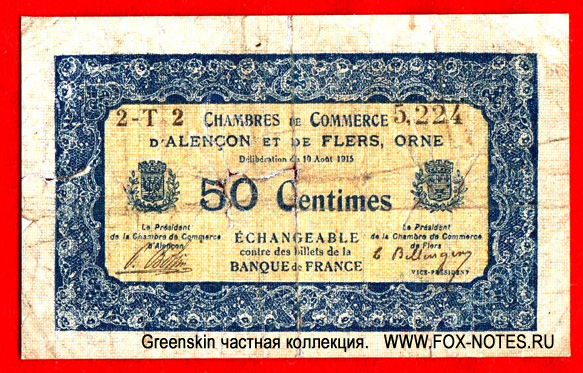 Chambre de Commerce D'Alençon et de Flers, Orne 50 centimes  1915