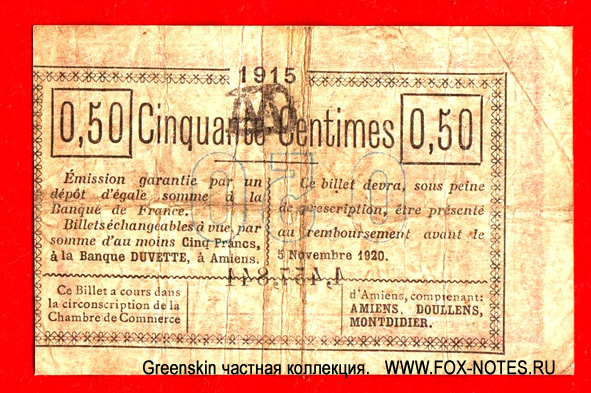 Chambre de Commerce D'Amiens 50 centimes 1915