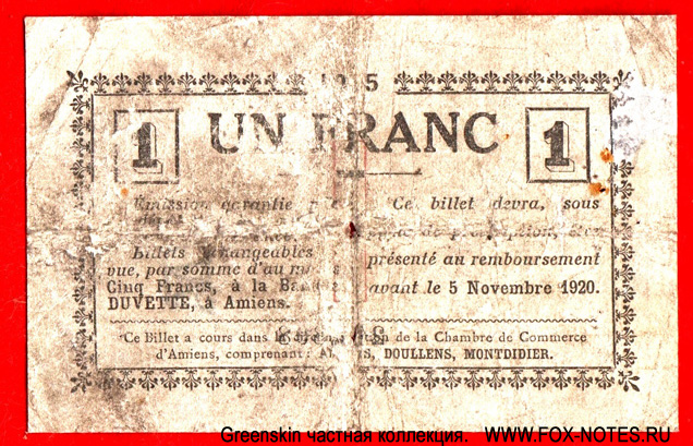 Chambre de Commerce D'Amiens 1 franc 1915