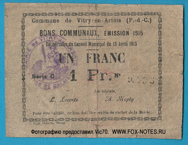 Commune de Vitry-en-Artois  1 Fr. 1915