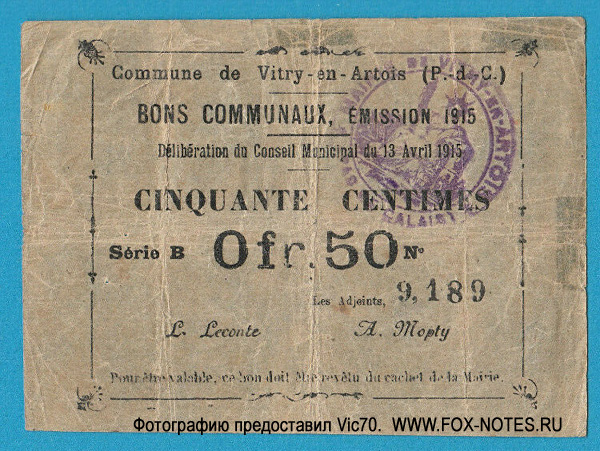 Commune de Vitry-en-Artois  0 Fr.  50 1915