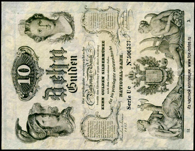 Privilegirte Österreichische National Bank. Banknote. 10 Gulden 1847. 