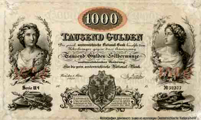 Privilegirte Österreichische National Bank. Banknote. 1000 Gulden 1858.
