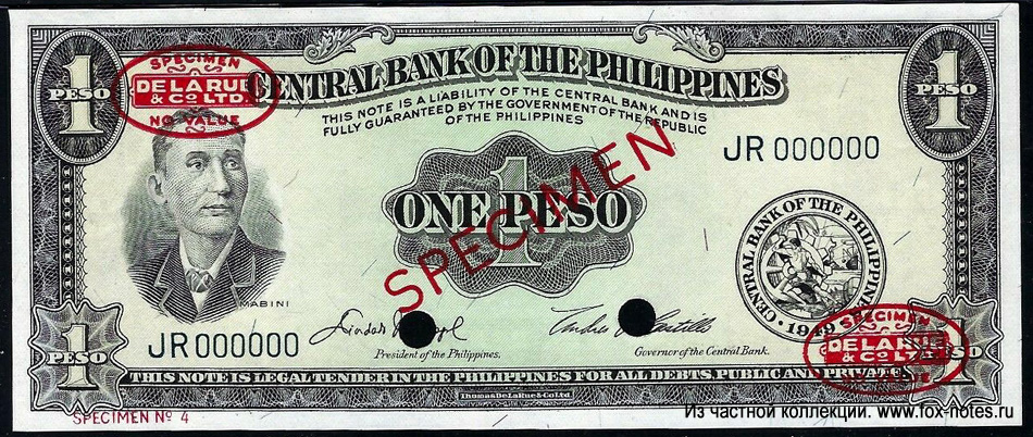 Central Bank of the Philippines. Note. 1 Pesos. "English Series" 1949. SPECIMEN