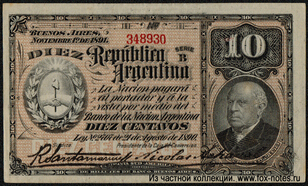 República Argentina. Banco Nacional Argentina. 10 centavos 1891.