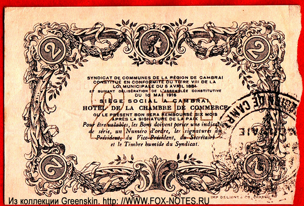 Syndicat de Communes de la Région de CAMBRAI 2 Francs 1916