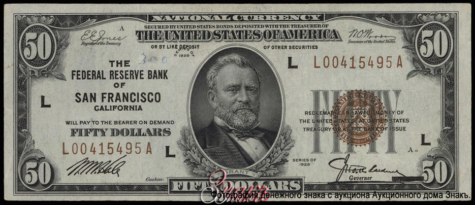 Federal Reserve Bank note. 50  1929 . L00415495A.  L. -. Jones / Woods. Friedberg  F-1880L