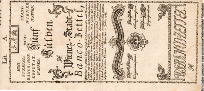 Wiener-Stadt-Banco-Zettel. 5 Gulden 1762.