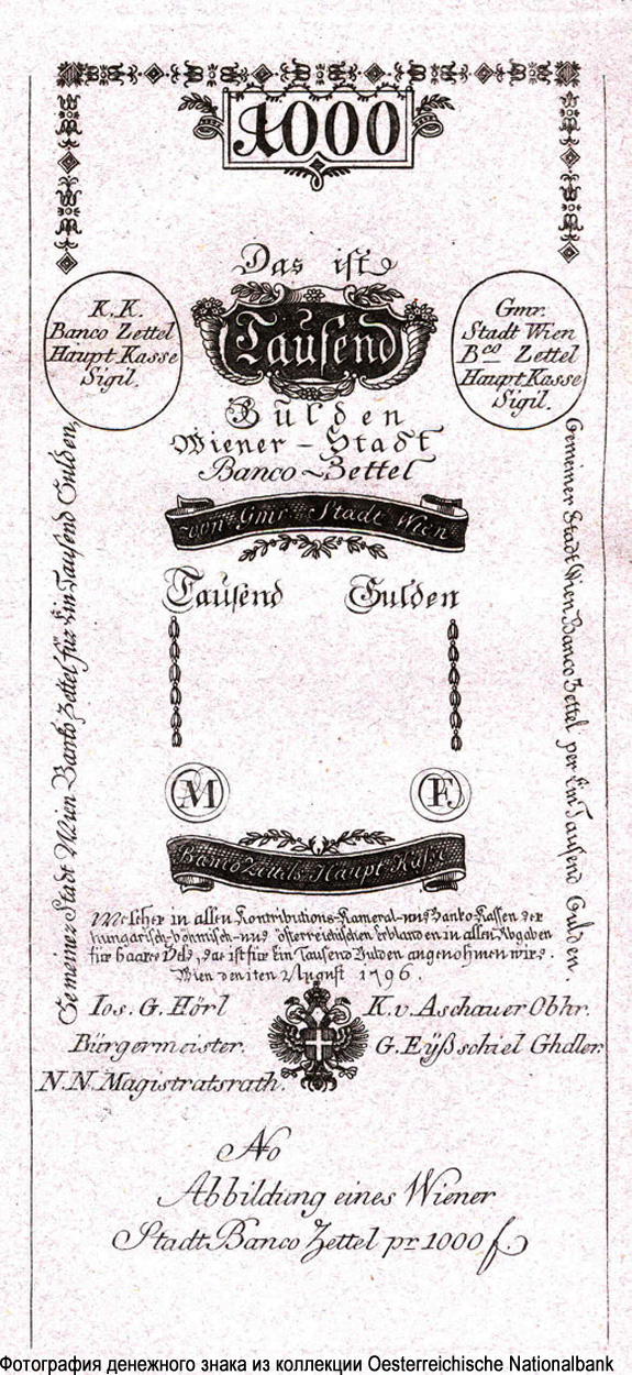 Wiener-Stadt-Banco-Zettel. 1000 Gulden 1796.