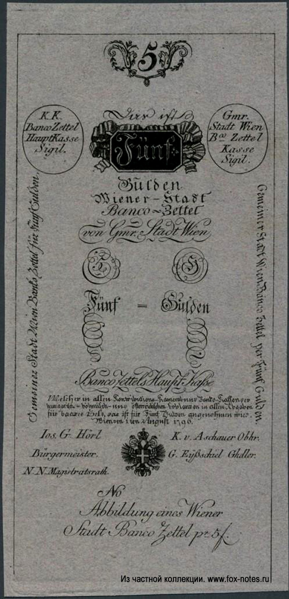 Wiener-Stadt-Banco-Zettel. 5 Gulden 1796. Formular