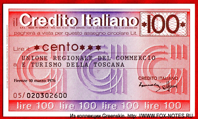 il Credito Italiano Miniassegni 100 lire 1976