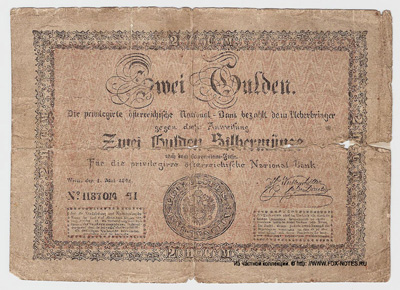 Privilegirte Österreichische National Bank. Banknote. Zwei Gulden 1848.