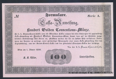 K. u K. Staats-Central-Cassa.  3%ige Cassa-Anweisungen 1849. 1. Jänner 1849. 100 Gulden.