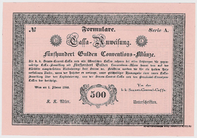 K. u K. Staats-Central-Cassa.  3%ige Cassa-Anweisungen 1849. 1. Jänner 1849. 500 Gulden.