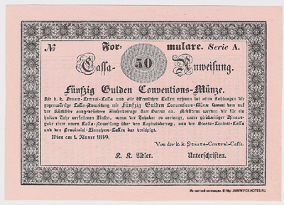 K. u K. Staats-Central-Cassa.  3%ige Cassa-Anweisungen 1849. 1. Jänner 1849. 50 Gulden.