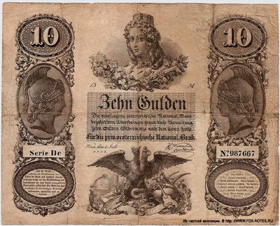 Privilegirte Österreichische National Bank. Banknote. 10 Gulden 1854.