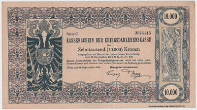 Kassenschein der Kriegsdarlehenskasse. 10000 Kronen 1914.