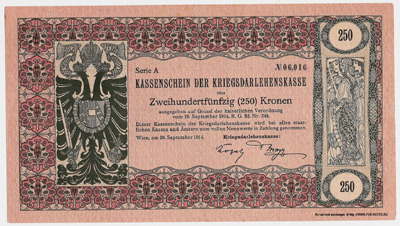 Kassenschein der Kriegsdarlehenskasse. 250 Kronen 1914.