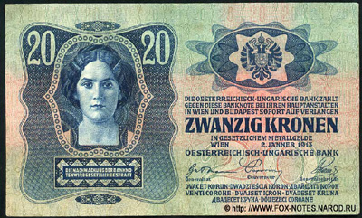 Oesterreichisch-ungarische Bank. Banknote. 20 Kronen 1913.