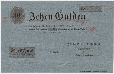 Oesterreichishe National Zettel Bank. Banknote. 10 Gulden 1816.