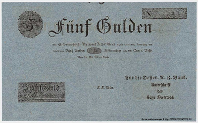 Oesterreichishe National Zettel Bank. Banknote. 5 Gulden 1816.