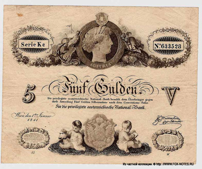 Privilegirte Österreichische National Bank. Banknote. 5 Gulden 1841.