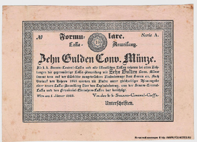 K. u K. Staats-Central-Cassa.  3%ige Cassa-Anweisungen 1849. 1. Jänner 1849. 10 Gulden.