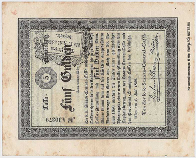 K. u K. Staats-Central-Cassa. 3%ige Cassa-Anweisungen 1849. 1. Juli 1849. 5 Gulden.