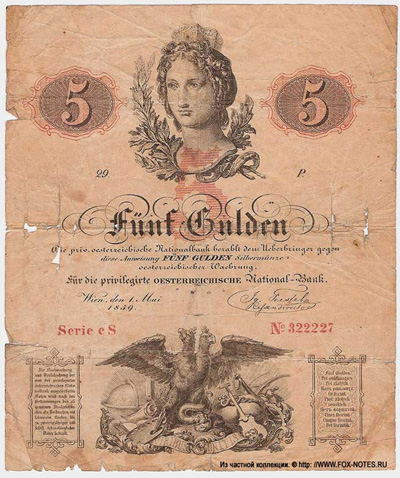 Privilegirte Österreichische National Bank. Banknote. 5 Gulden 1859.