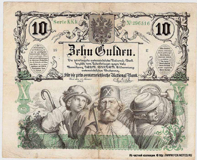 Privilegirte Österreichische National Bank. Anweisung. 10 Gulden 1863.