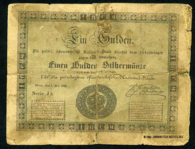 Privilegirte Österreichische National Bank. Banknote. 1 Gulden 1848.