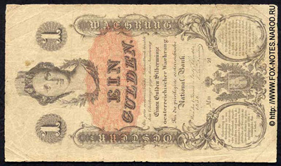 Privilegirte Österreichische National Bank. Banknote. 1 Gulden 1858.