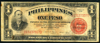 Philippines. Treasury Certificate. 1 Peso. Series of 1936.