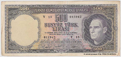 Banknotlari 500 Türk Lirasi 1930. (1968)