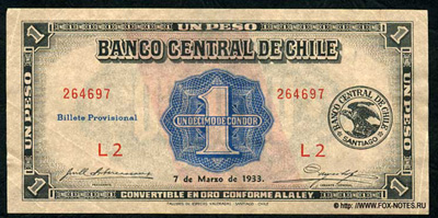 Banco Central de Chile. Billete Provisional 1 Peso 1933