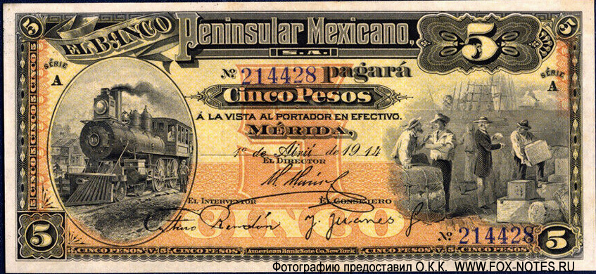 Banco Peninsular Mexicano 5 Pesos 1914