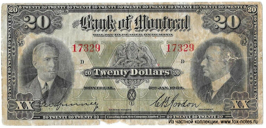 Bank of Montreal Bank note. 20 dollars 1938