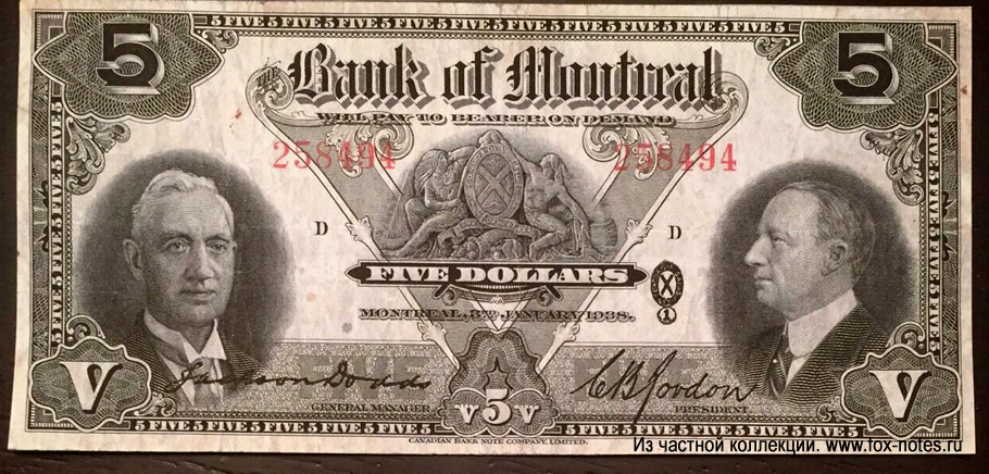 Bank of Montreal Bank note. 5 dollars 1938